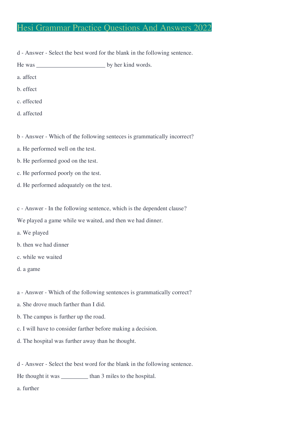 Preview of Hesi Grammar Practice Questions And Answers 2022